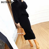 Autumn Winter Ladies 2 Pieces Sweater Set Women Turtleneck Pullover Jumpers & Elastic Mid-length Pencil Knitted