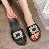 Size 34-43 Crystal Buckle Slippers Woman Glitter Cloth Slides Outside&Home Casual Flipflops Lady Slip On Flat Sandals