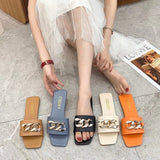 Breakj Summer New Net Red Flat Bottom Chain Cool Slippers Women Wear Fashion Metal Buckle Retro Ins
