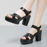 Breakj Leather High Heel Waterproof Sandals Women Fashion Crocodile Pattern Walking Shoes Summer Coarse Heel Magic Sticky H Women's