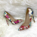 Embossed Printed Women Gold Floral Pointy Toe Elegant High Heel Shoes for Party Dress Comfortable Slip On Stiletto