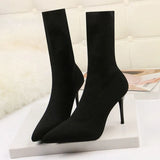 Spring Autumn Sexy Sock Pointed Boots Large Size 42 High Heels for Women Fashion 7cm Glamour Black Ankle Boots