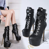 High Heels Ankle Boots 16cm Sexy High Heels Platform Boots Round Toe Leather Booties Black Shoes Ladies Party Shoes