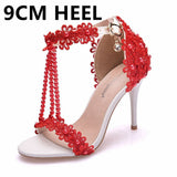 Queen High Heels 9CM 7CM 5CM Wedding Sandals Women Open Toe Strap Evening Party Summer Lace Flowers Pearl Tassel