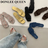 Square Toe Slippers Women Slip On Slide Flat Casual Summer Shoes Beach Flip Flops Narrow Band Sandal New Brand