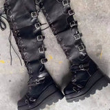 Over-the-knee Boots Women Platform Heels Belt Buckle Boot Motorcycle Goth Shoe Thigh High Flat Boots Plus Size 42
