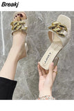 Fashion Metal Chain Summer Mules for Women Square Head Slip on Flip Flops Slides Slipper Women's Sandal Flat Shoes