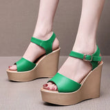 Breakj Layer Of Cow Skin Summer New Thick-Bottomed Beach 11CM Slopes And Women's Sandals High Heel Waterproof Table Comfortable Pine Pastry Fish Mouth