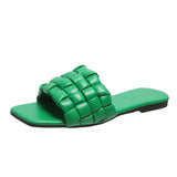 Weave Soft Slippers for Women Summer 2023 Orange PU Leather Beach Flip Flops Female Square Toe Flat Sandals Plus Size