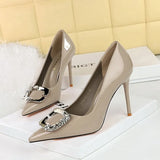 Breakj Banquet Rhinestone Belt Buckle Women's Shoes Patent Leather Shallow Pointed High Heel Single
