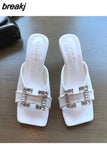 Button Slippers Women Fashion Square Toe High Heel Slide Candy Color Sandal Ladies Elegant Mule Shoe Flip Flops