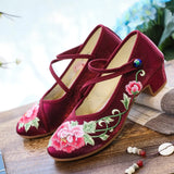 Breakj Heel Shoes Thick Heel Women's Shoes With Embroidered Cloth Shoes Cloisonne Blue Button Embroidered Peony Dance