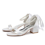 Breakj Cm Square Heel Sandals Shallow Mouth With Thick Heel Sandals White Beads Drifted Sandals Bride Wedding