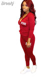 Fall PINK Letter Print Tracksuits Women Zip Hooded Long Sleeve Coat And Pants Two Piece Set Female Casual Sport