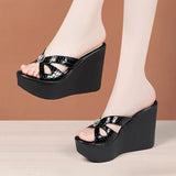 Slope Heel Slippers Women Summer 2024 Muffin Thick Soles Wear One-Word Flip-Flops Large Size Slippers Wear Fashionable Lacquered Leather
