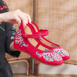 Breakj And Autumn Shallow Mouth Round Head Canvas Embroidered Cloth Shoes A Word Button Mother Shoes Women's Shoes Single