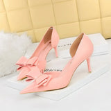 Breakj Korean Version Pedicure Slim And Sweet Women's Shoes Thin Heel High Heel Shallow Tip Side Hollow Bow Single