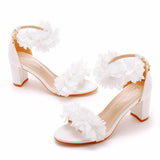 Breakj Cm Thick Heeled Light Mouth With Sandals Round Head Fish Mouth Flowers High Heel Sandals White Bride Wedding Shoes