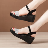 Heel Sandals Women's 2023 Summer New Muffin Thick Bottom Waterproof Table With One-Word Buckle Sequins And Large-Size