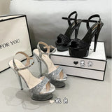 Summer Sequins With Ultra High Heel Transparent Bottom Crystal Thick Heel Women's Single Shoes Sandals Wedding Bridesmaid Moon