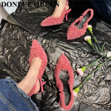 Toe Slingback Sandals Women High Heels Shoes Shallow Slip On Fur Design 2023 New Spring Ladies Pumps Party Wedding