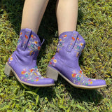 Retro Female Western Boots Wood Sole Spike Heels Pointed Toe Slip-On Floral Flower Ankle Boots Shoes Plus Size