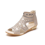 Women's Sandals Summer Golden Zipper Sandal Open Toe Gladiator Hollow Low Heel Sandals Bling wedges Pumps Ladies'
