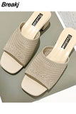 Women Slippers 2023 Summer Closed Toe Comfort Slippers Women Fashion Fly Weave Outdoor Sandals Women Medium Heel