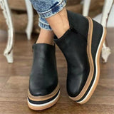 Breakj Slope And Short Boots Women's New Flat Bottom Side Zipper Round Head Solid Color Bare Boots Thick Bottom Leather Boots In The Autumn And Winter Of