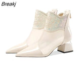 Sandals Boots Women Heels Ankle Boot Patent Leather Mesh Thick Heel Pointed Toe Shoes for Woman Behind Zip Women