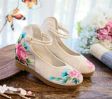 Breakj Shoes, Single Shoes, Peony Folding Fan Ancient Wind Embroidered Cloth Shoes, A Word Buckle Retro Slope Heel