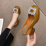 New Baotou Sandals French Style Retro Square Head Water Diamond Buckle After Empty Thick Heel Temperament Fairy Wind