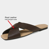 Size 33-40 Women Flats Slippers Real Leather Low Heels Summer Shoes Woman 2023 Open Toe Indoor House Slides