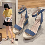 New Designer Denim Sandals Women Sandals High Quality Wedges High Heels Peep-Toe Platform Shoes Woman Thick Bottom