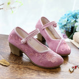 Breakj Heel High Heels Single Shoes Ethnic Style Embroidered Cloth Shoes Retro One Word With Thick Heel Solid Color Women's
