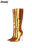 Classics Women High Heel Boots Patent Leather Back Zipper Square Toe Plush In Shoes Punk Style Knee-length Boots