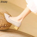 Heel Women Pointed Toe Single Shoes Solid Color Knitting Weave Shoes Square Heel Latex Insole Spring Autumn