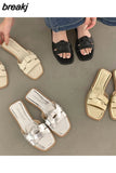 Fashion Weave Slippers Women Square Toe Flat Casual Shoes Brand Slide 2023 Summer Flip Flops Black Gold Sliver Beach
