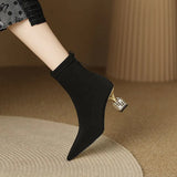 Sock Ankle Boots 2023 Spring Autumn Pointed Toe High Heel Elastic Flock Black Comfortable Booties Lady