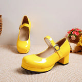 Style Girls Cosplay Mary Jane Shoes Square Heel Spring Autumn Glossy PU Leather Candy Colour Uniform Shoe Plus Size