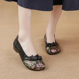 New Head Layer Cowhide Flat Bottom Low Heel Women's Shoes National Wind Flower Skin Casual Women's Single Shoes Middle-Aged And Elderly Mother