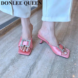 Button Slippers Women Fashion Square Toe High Heel Slide Candy Color Sandal Ladies Elegant Mule Shoe Flip Flops