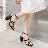 Summer Ladies Sandals 2023 New White High Heel Sandals Square Toe Ankle Strap Elegant Dress Women Chunky Heel