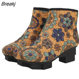 High Heel Boots Women Shoes Genuine Leather Chinese Style Printing Retro 2023 New Winter Zip Handmade Platform