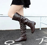 Leahter Knee High Boots Fashion Folding Slip on Winter High Boots Casual Low Heels White Black Long Slim Boots Ladies