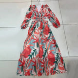 Spring Side Split Dress For Women V Neck Long Sleeve High Waist Print Colorblock Midi Dresses Female Clothing